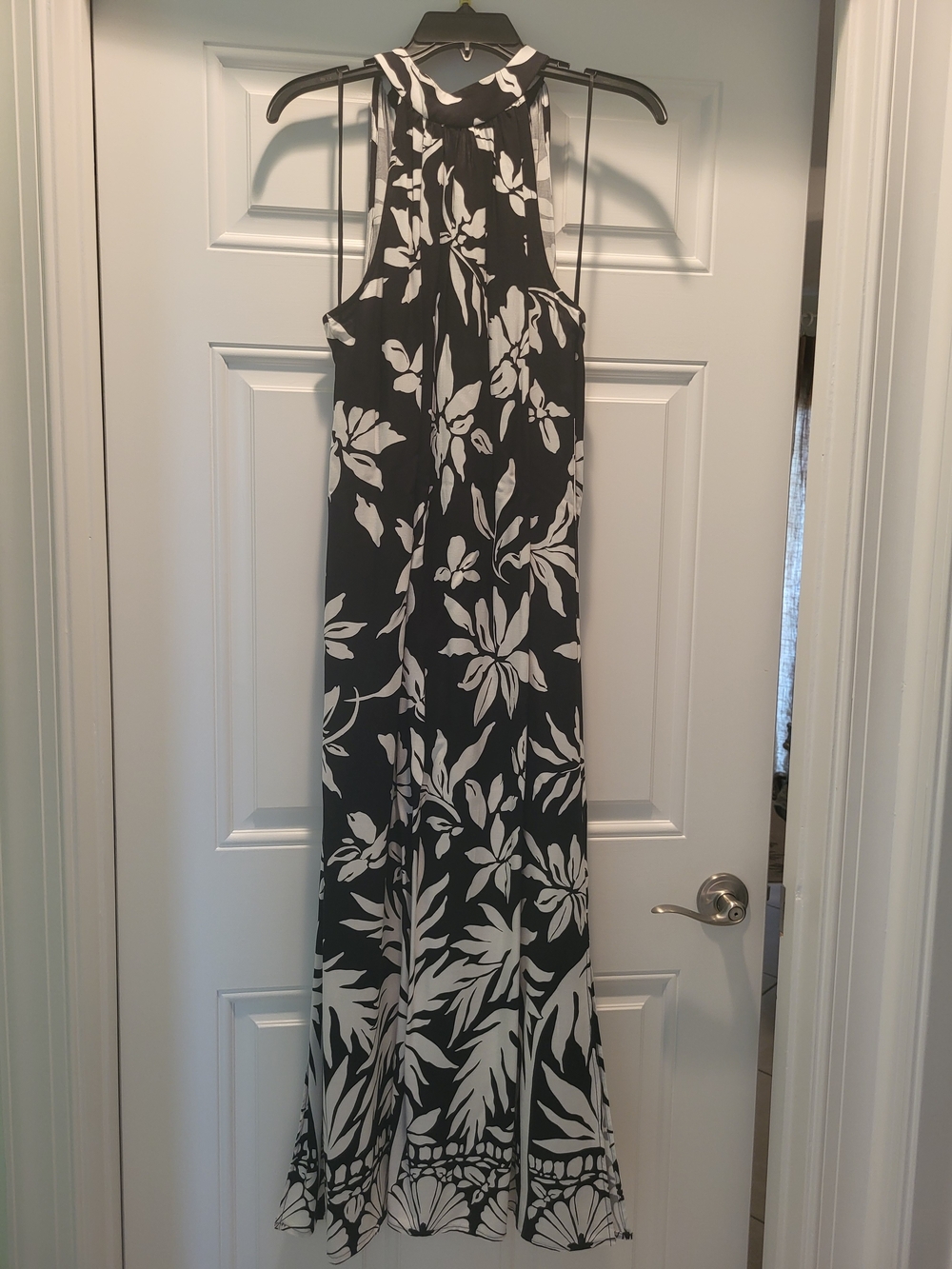 Vince Camuto Black and White Floral Halter Maxi Dress with High Neck